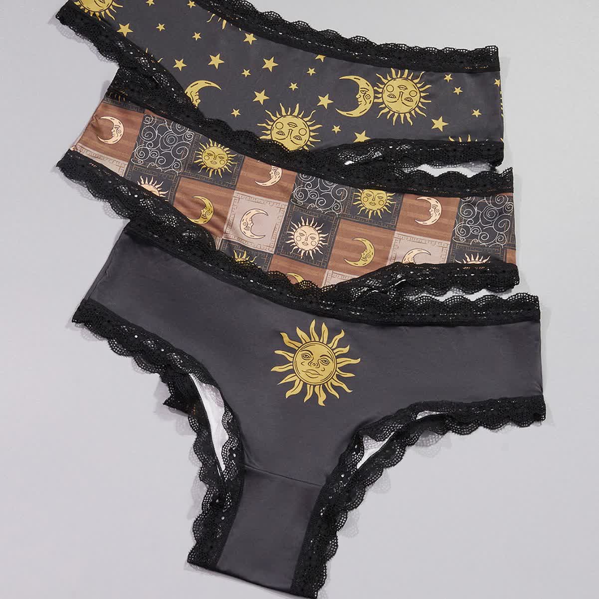 String taille basse sans coutures avec bordure en dentelle et imprimé soleil et lune (lot de 3)