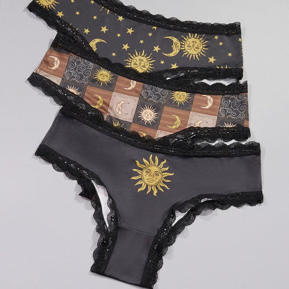 String taille basse sans coutures avec bordure en dentelle et imprimé soleil et lune (lot de 3)