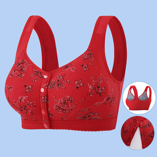 Soutien-gorge sans armatures à fermeture frontale et imprimé papillon et fleurs - Rouge - 5XL - image 1