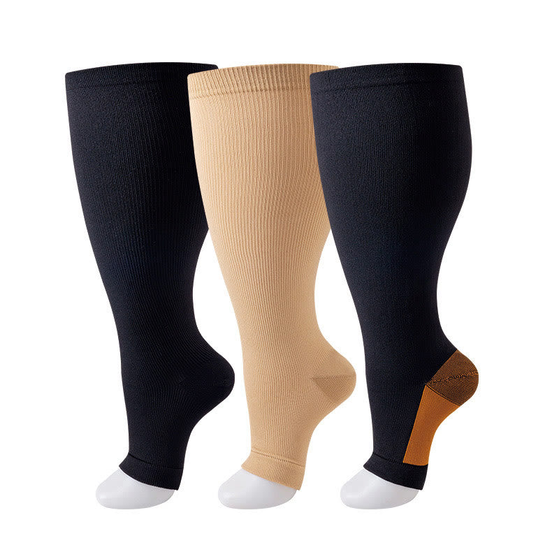 Chaussettes de compression à bout ouvert de couleur unie grande taille (3 paires) - Multicolore - 4XL - image 1