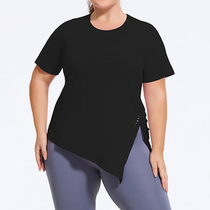 Haut de yoga à manches courtes grande taille avec ourlet fendu - Noir - 4XL - image 5