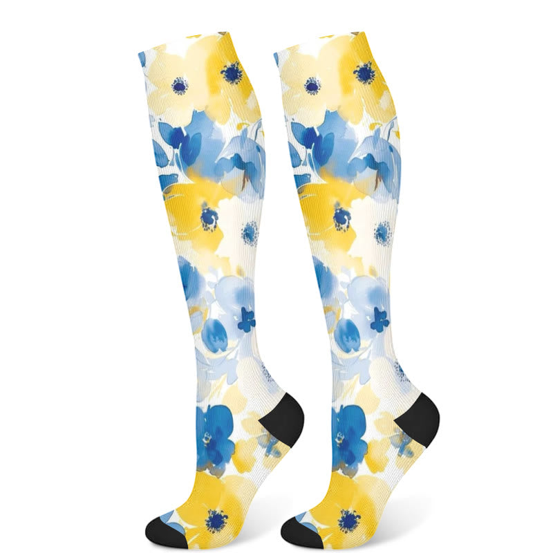 Chaussettes de compression à fleurs jaunes et roses (3 paires) - Bleu (1 paire) - S/M - image 7