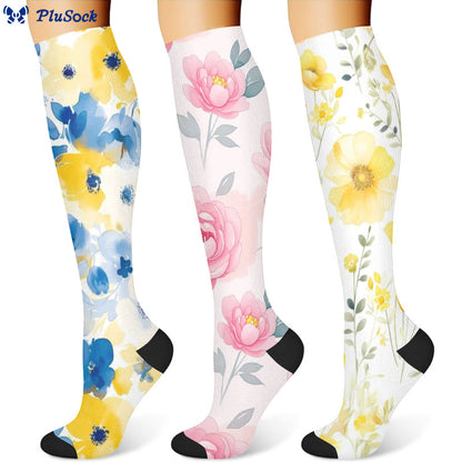 Chaussettes de compression à fleurs jaunes et roses (3 paires) - image 1