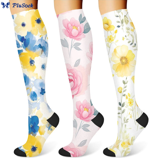 Chaussettes de compression à fleurs jaunes et roses (3 paires) - image 1