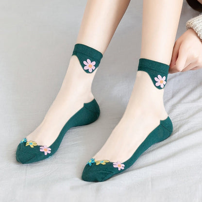 Chaussettes courtes en soie glacée à fleurs (9 paires) - Vert foncé - EU36-40 (US3-7) - image 14