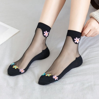 Chaussettes courtes en soie glacée à fleurs (9 paires) - Noir - EU36-40 (US3-7) - image 2