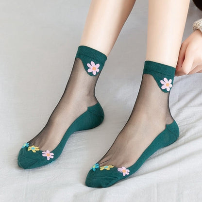 Chaussettes courtes en soie glacée à fleurs (9 paires) - Vert armée - EU36-40 (US3-7) - image 7