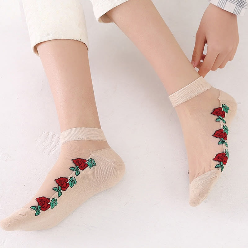 Chaussettes respirantes à motif de roses rouges (5 paires) - B - EU36-40 (US3-7) - image 1