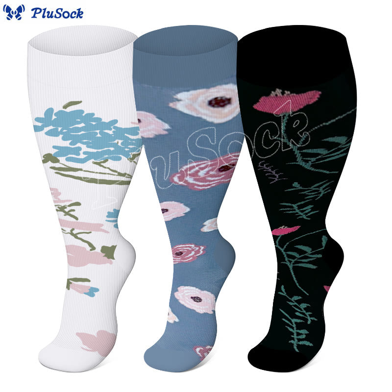 Chaussettes de compression grande taille à motif chrysanthème rose (3 paires) - image 1