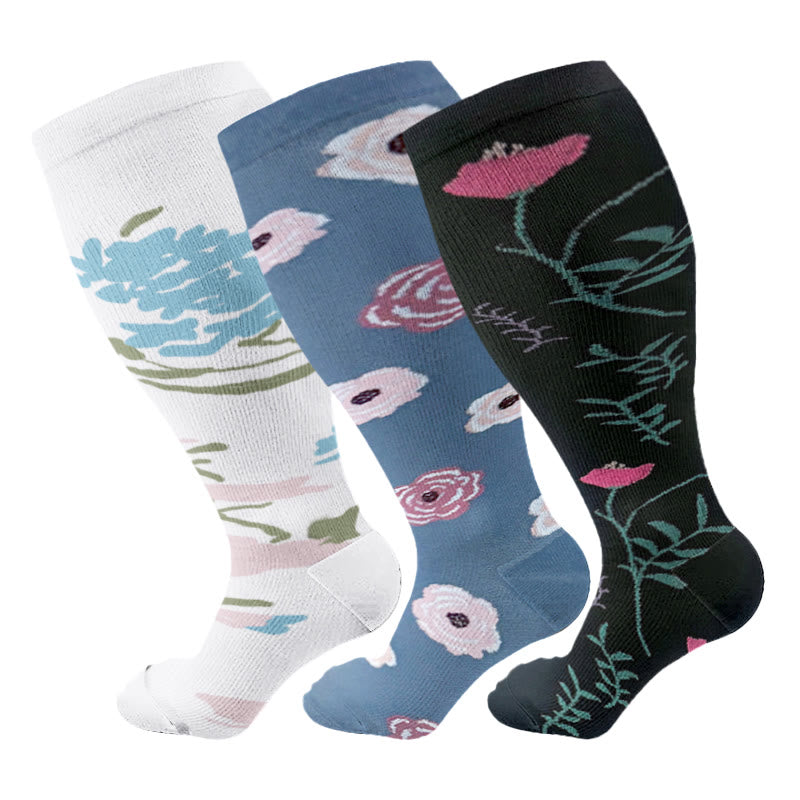 Chaussettes de compression grande taille à motif chrysanthème rose (3 paires) - Multicolore - 4XL - image 4