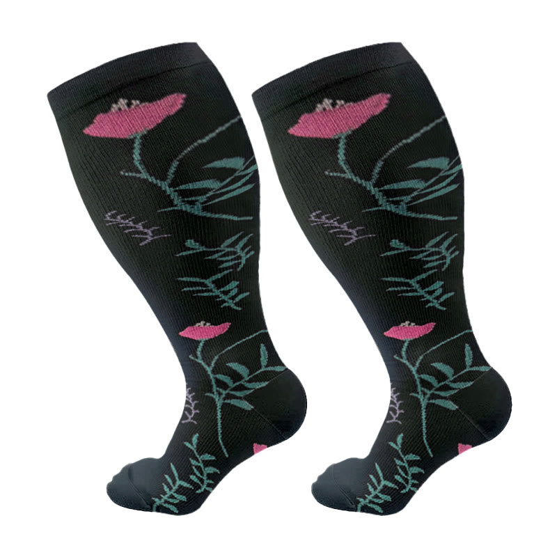 Chaussettes de compression grande taille à motif chrysanthème rose (3 paires) - Noir - 4XL - image 6