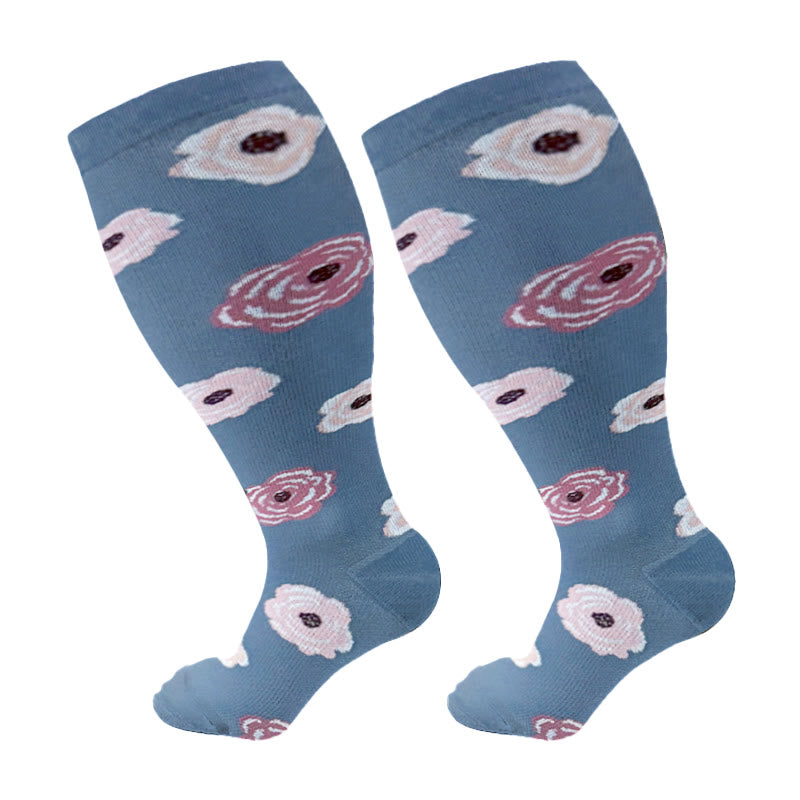 Chaussettes de compression grande taille à motif chrysanthème rose (3 paires) - Bleu - 4XL - image 8