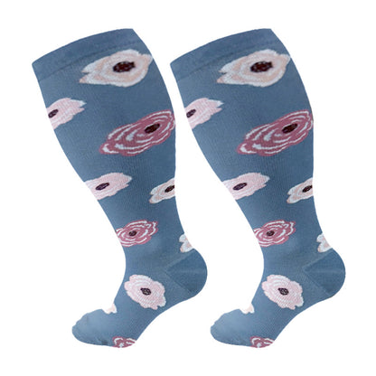 Chaussettes de compression grande taille à motif chrysanthème rose (3 paires) - Bleu - 4XL - image 8
