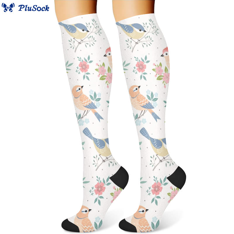 Chaussettes de compression à motif d'oiseaux et de fleurs printanières (3 paires) - image 3