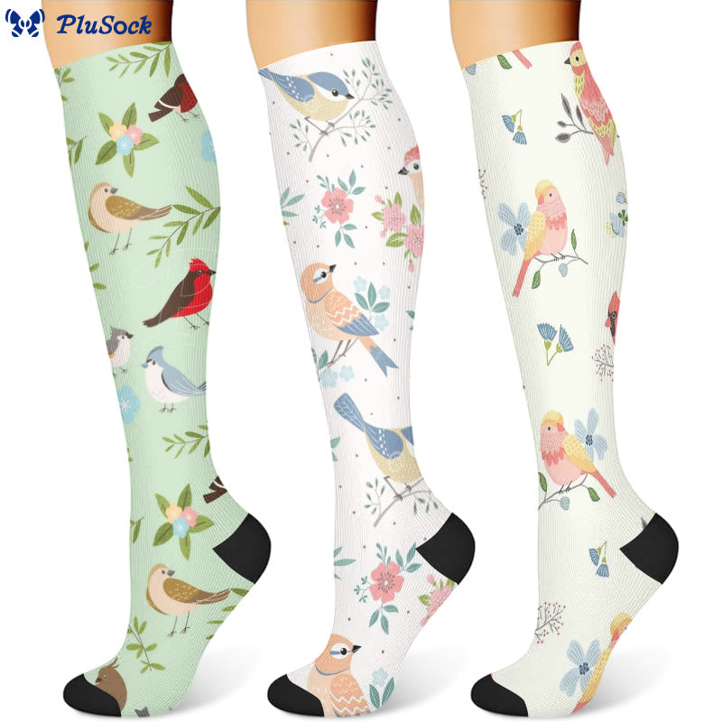 Chaussettes de compression à motif d'oiseaux et de fleurs printanières (3 paires) - image 1