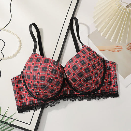 Soutien-gorge à armatures froncé à motif cœur à carreaux - Rouge - 48 - C - image 0