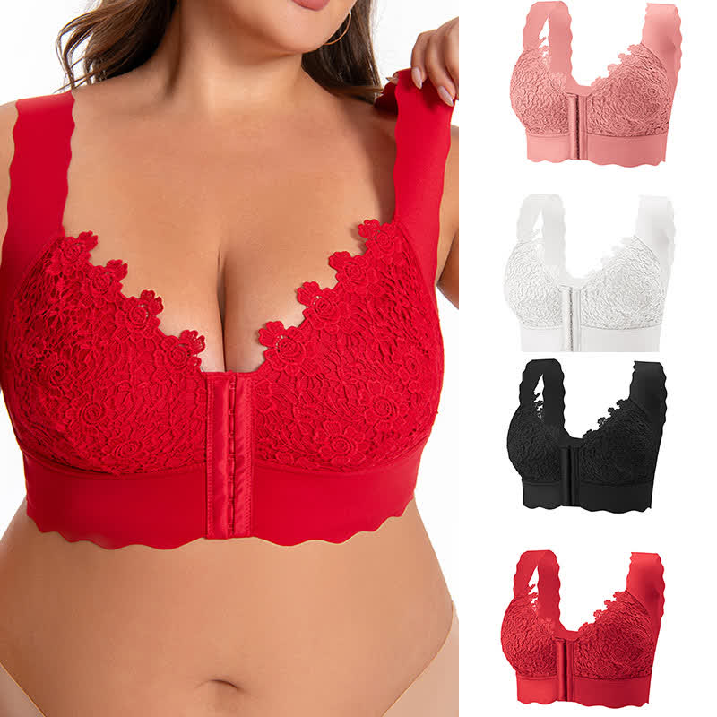 Soutien-gorge sans armatures à fermeture frontale et bords ondulés