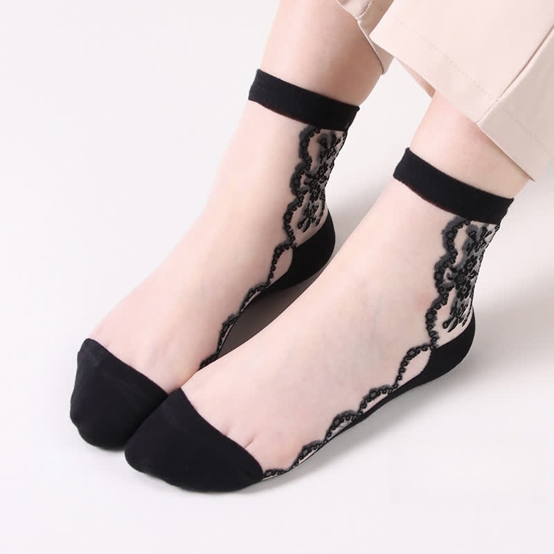 Chaussettes courtes en coton transparent à motifs floraux (8 paires) - Noir et blanc - EU36-40 (US3-7) - image 2