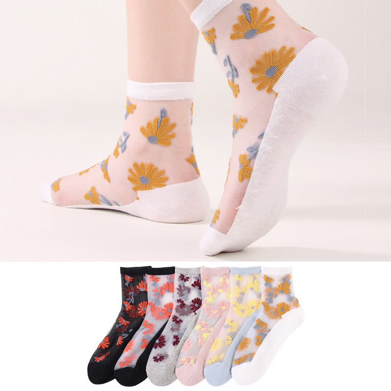 Chaussettes ultra-fines transparentes à motif marguerites (6 paires) - image 1