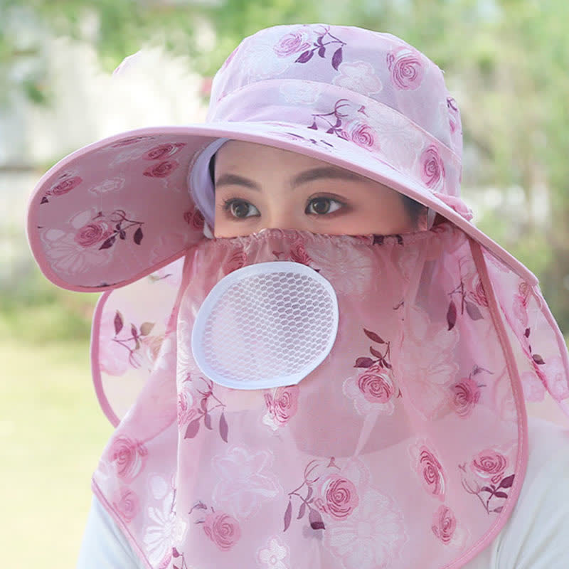 Chapeau de soleil à larges bords et châle imprimé roses - Rose foncé - Taille unique - image 8