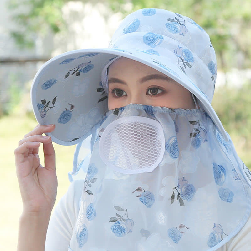 Chapeau de soleil à larges bords et châle imprimé roses - Bleu - Taille unique - image 14
