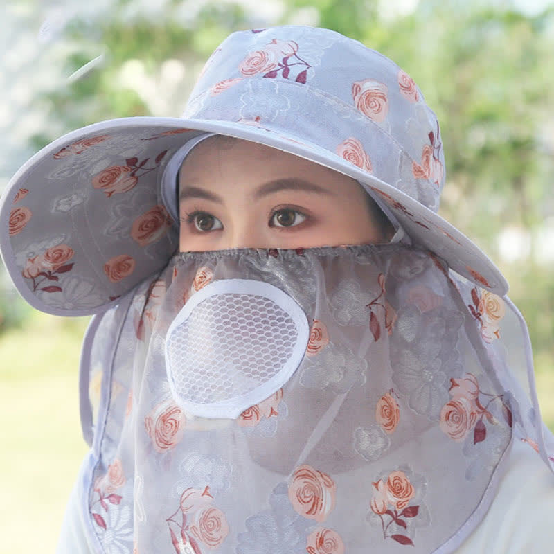Chapeau de soleil à larges bords et châle imprimé roses - Gris - Taille unique - image 4