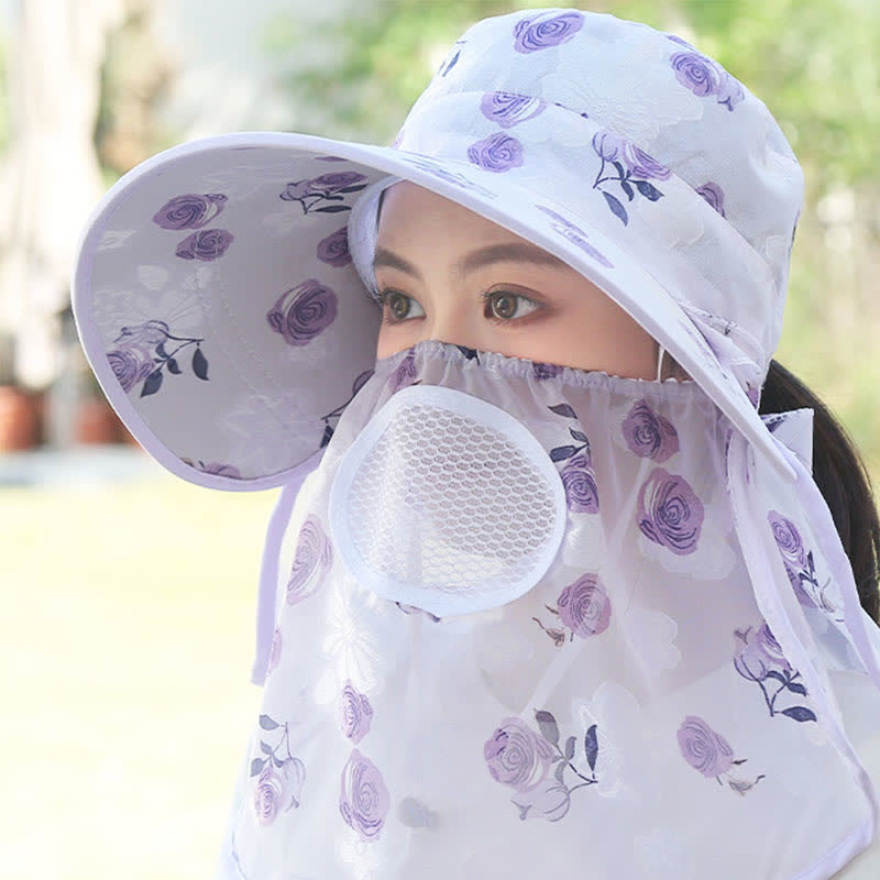 Chapeau de soleil à larges bords et châle imprimé roses - Violet - Taille unique - image 15