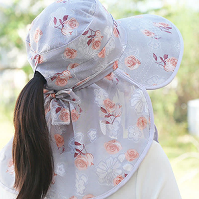 Chapeau de soleil à larges bords et châle imprimé roses - image 6