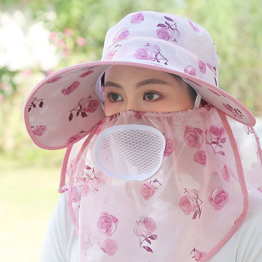 Chapeau de soleil à larges bords et châle imprimé roses - Rose clair - Taille unique - image 1
