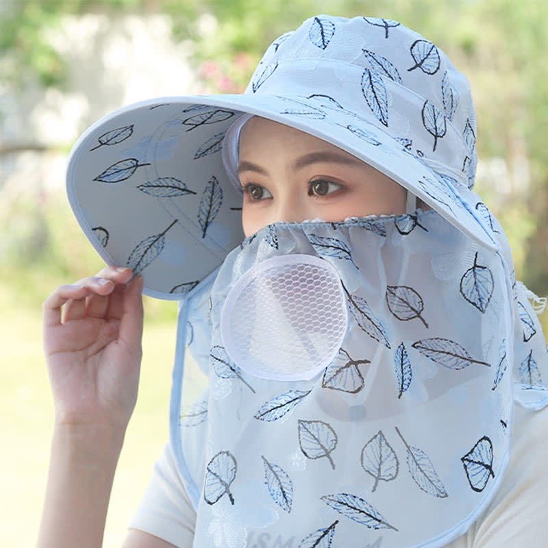 Chapeau de soleil à larges bords et châle à imprimé feuilles - Bleu - Taille unique - image 11