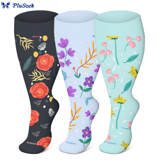 Chaussettes de compression à fleurs verdoyantes grande taille (3 paires)