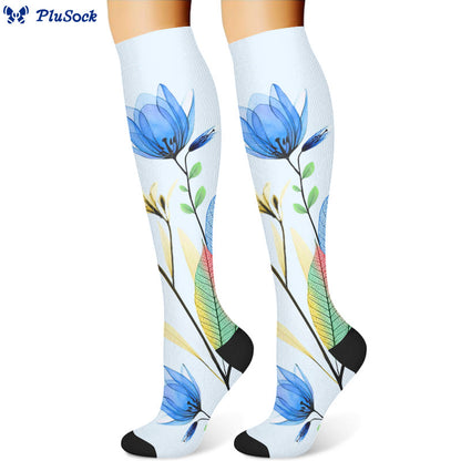 Chaussettes de compression à feuilles vertes et fleurs bleues (3 paires) - image 4