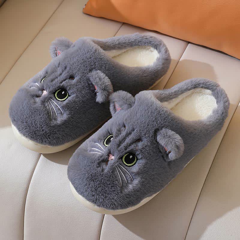Chaussons d'intérieur en peluche avec un adorable chaton de dessin animé - Gris - US10-11 - image 12