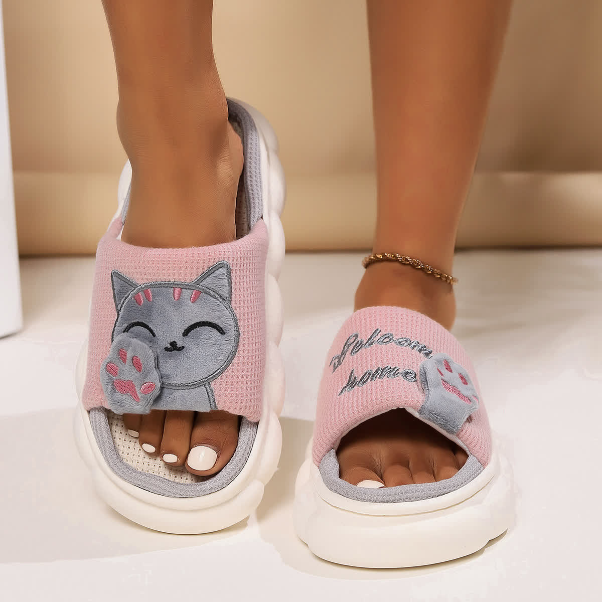 Chaussons mignons en forme de chaton de dessin animé - Rose - US10-11 - image 2