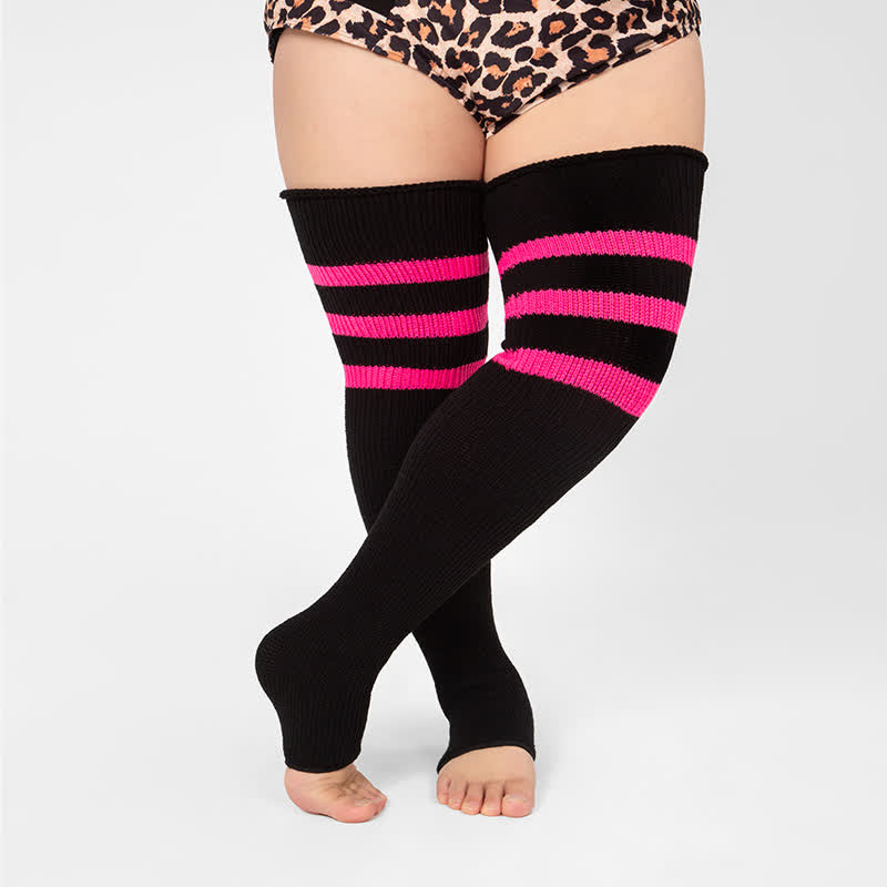 Chaussettes de compression hautes à rayures et bout ouvert, grande taille - Noir + Rose - Taille unique - image 15