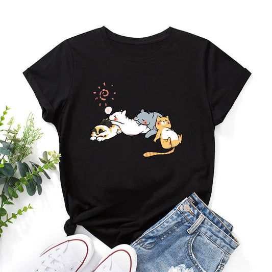 T-shirt à manches courtes et col rond imprimé chat grande taille - Noir - 5XL - image 1