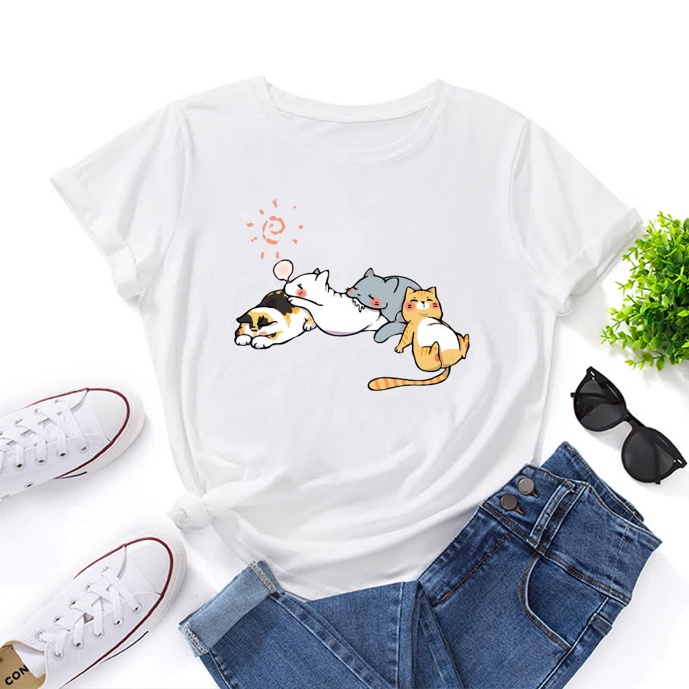 T-shirt à manches courtes et col rond imprimé chat grande taille - Blanc - 5XL - image 3
