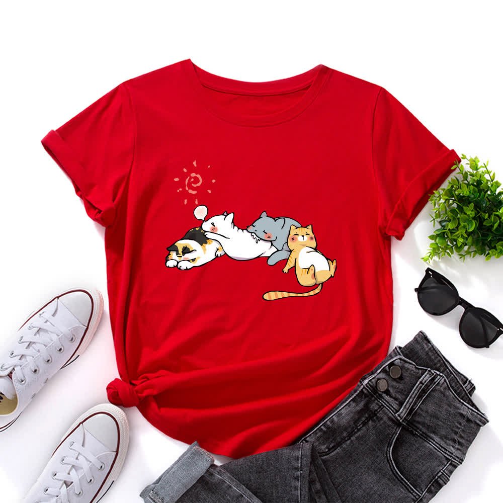 T-shirt à manches courtes et col rond imprimé chat grande taille - Rouge - 5XL - image 1