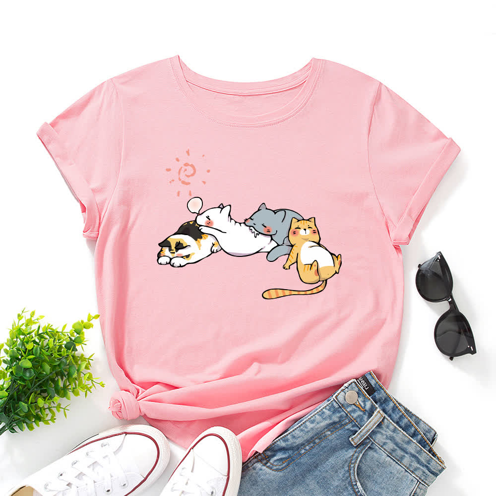 T-shirt à manches courtes et col rond imprimé chat grande taille - Rose foncé - 5XL - image 7