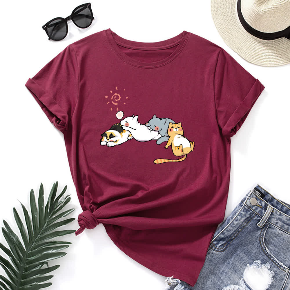 T-shirt à manches courtes et col rond imprimé chat grande taille - Vin - 5XL - image 11