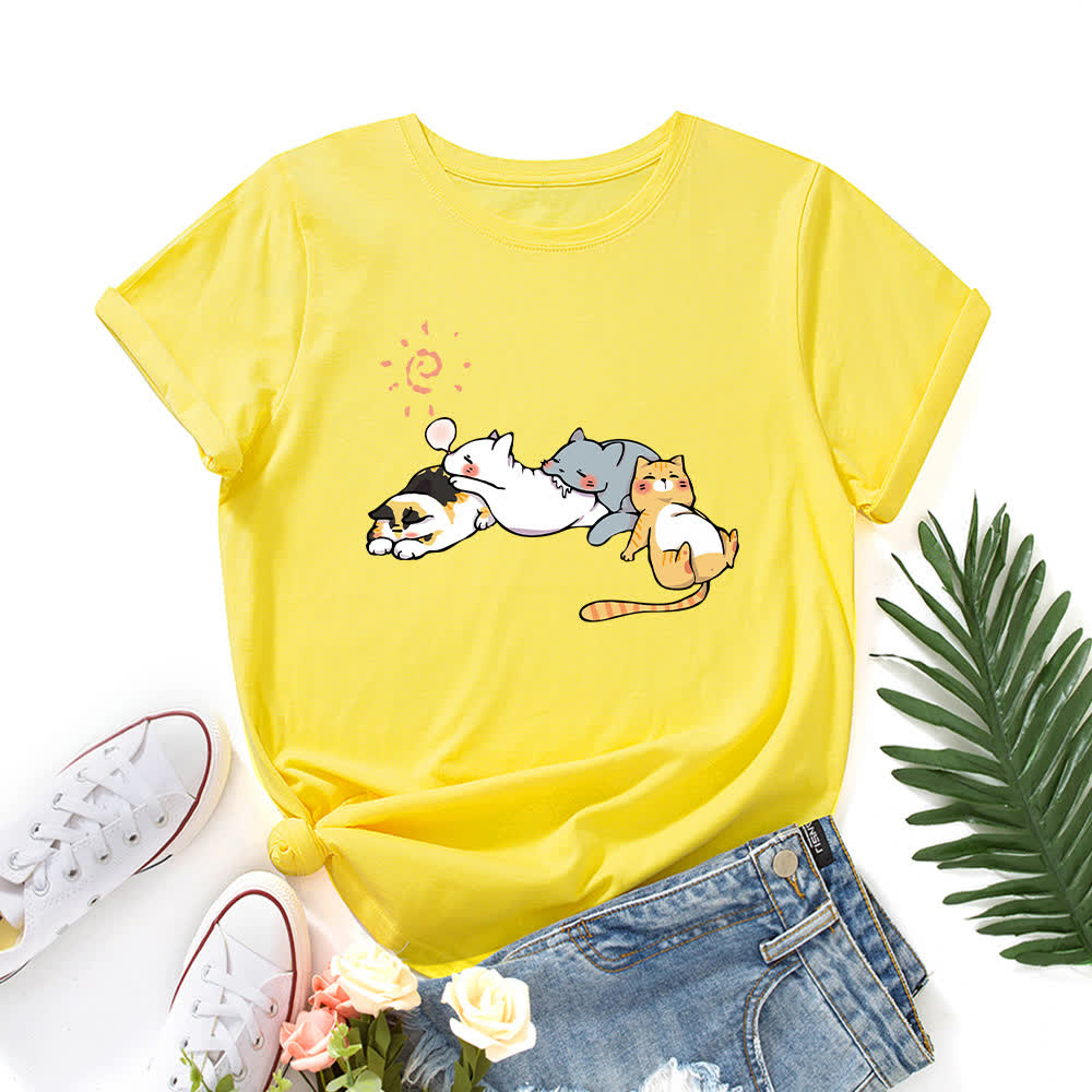 T-shirt à manches courtes et col rond imprimé chat grande taille - Jaune - 5XL - image 2