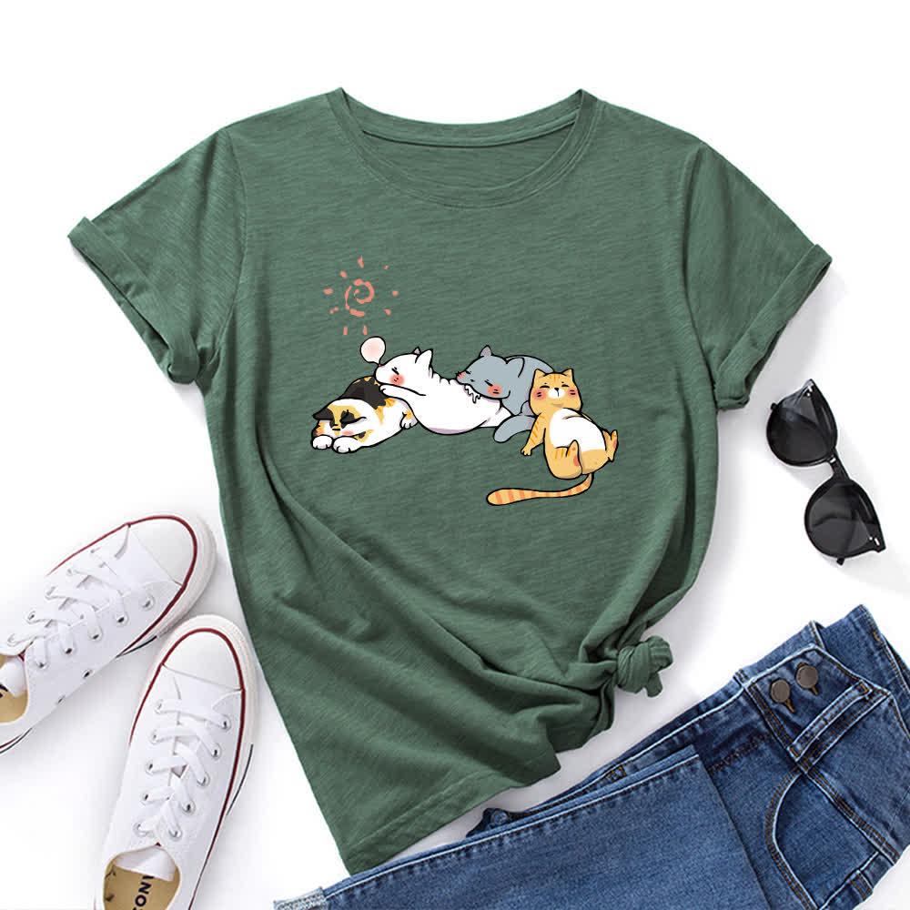 T-shirt à manches courtes et col rond imprimé chat grande taille - Vert armée - 5XL - image 6
