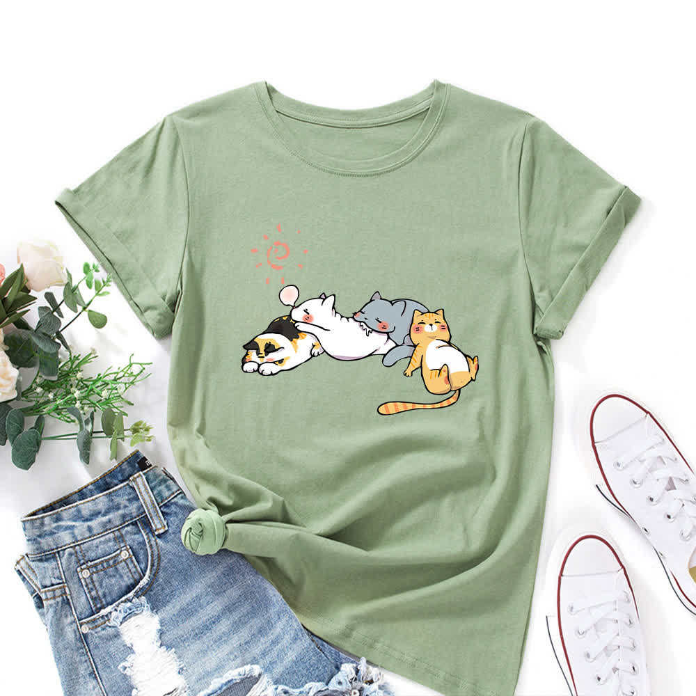 T-shirt à manches courtes et col rond imprimé chat grande taille - Vert olive - 5XL - image 10