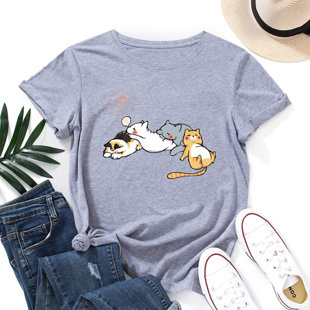 T-shirt à manches courtes et col rond imprimé chat grande taille - Gris clair - 5XL - image 10
