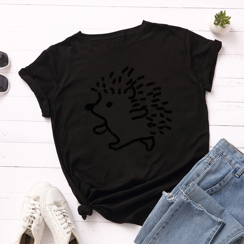 T-shirt à manches courtes et col rond imprimé hérisson grande taille - Noir - 5XL - image 0