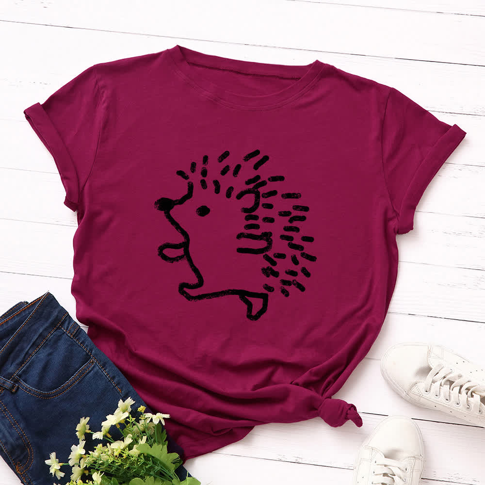 T-shirt à manches courtes et col rond imprimé hérisson grande taille - Vin - 5XL - image 11