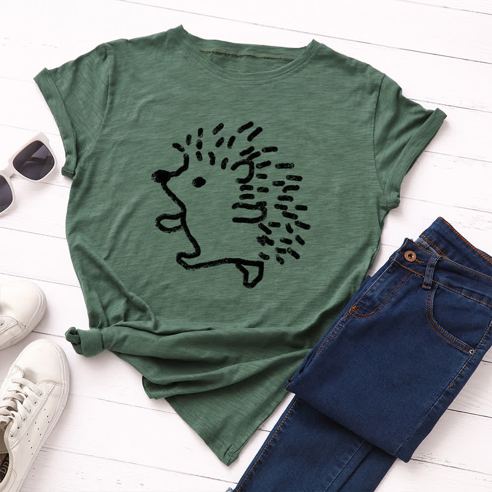T-shirt à manches courtes et col rond imprimé hérisson grande taille - Vert armée - 5XL - image 5