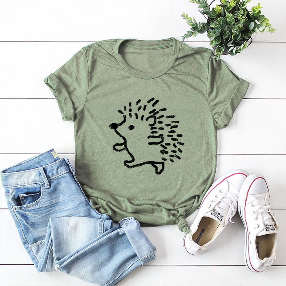 T-shirt à manches courtes et col rond imprimé hérisson grande taille - Vert olive - 5XL - image 10
