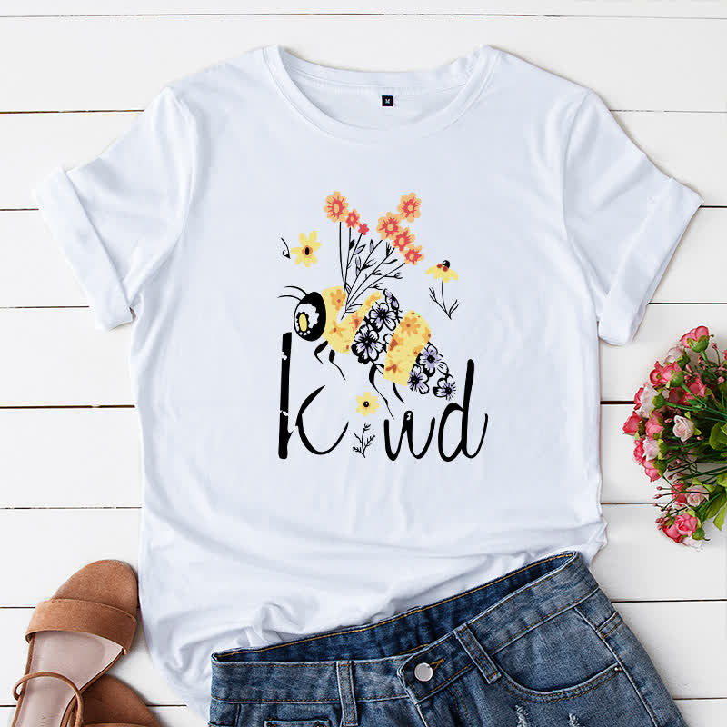 T-shirt à manches courtes à imprimé floral et abeilles créatives grande taille - Blanc - 5XL - image 3