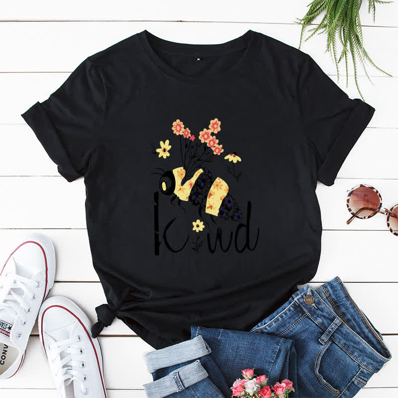 T-shirt à manches courtes à imprimé floral et abeilles créatives grande taille - Noir - 5XL - image 0